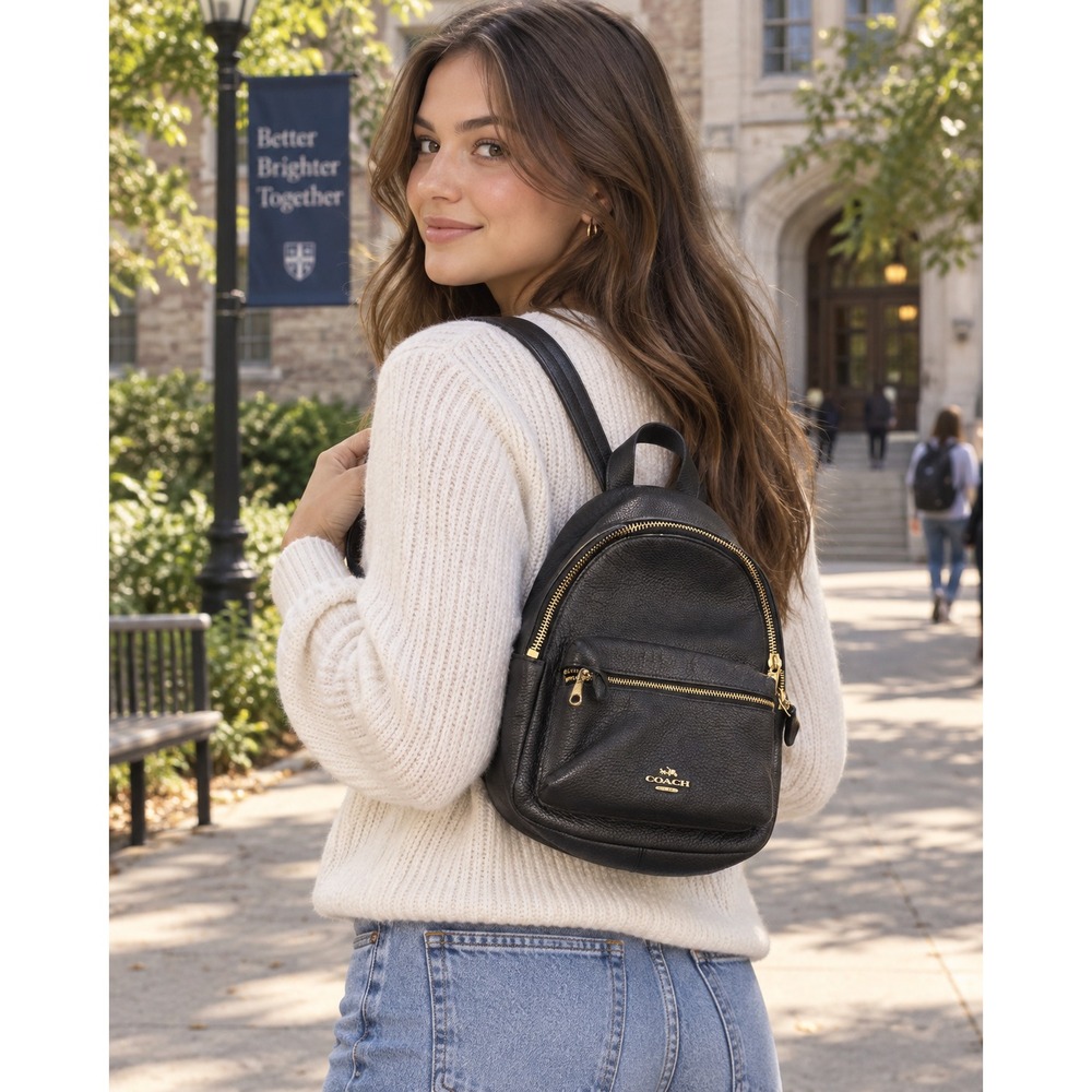 Coach Mini Charlie Backpack Black Pebbled Leather Bag Gold Hardware F38263